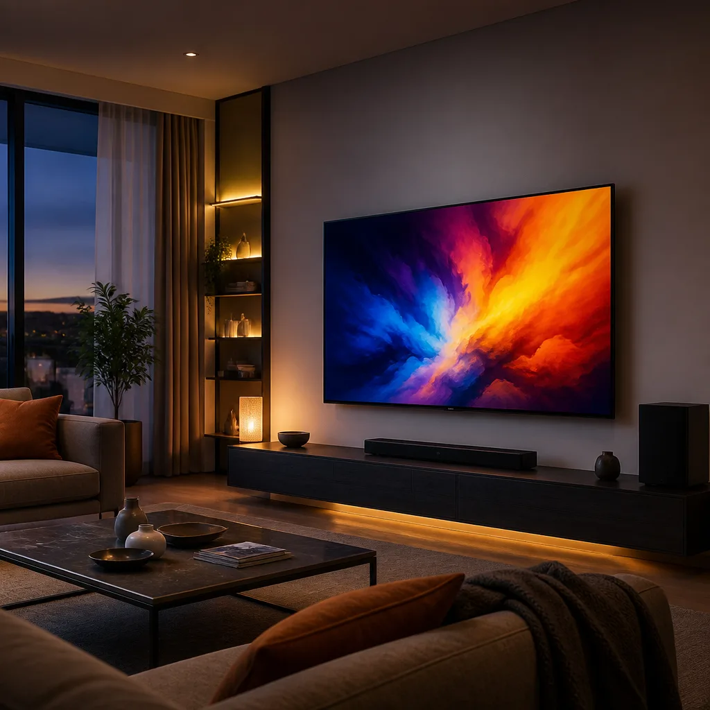 Living room with a wall-mounted television displaying an abstract high contrast colourful image