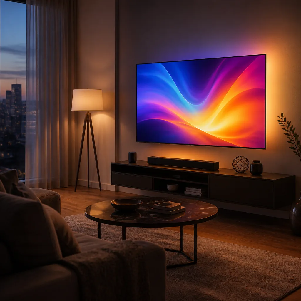 Living room with a wall-mounted television showing an abstract colourful image on screen