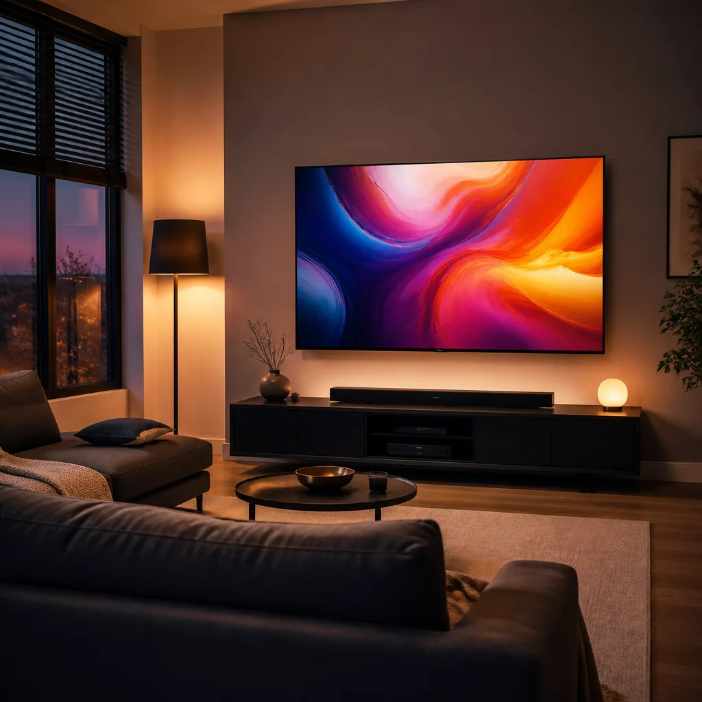 Living room with a wall-mounted TV showing an abstract colourful image