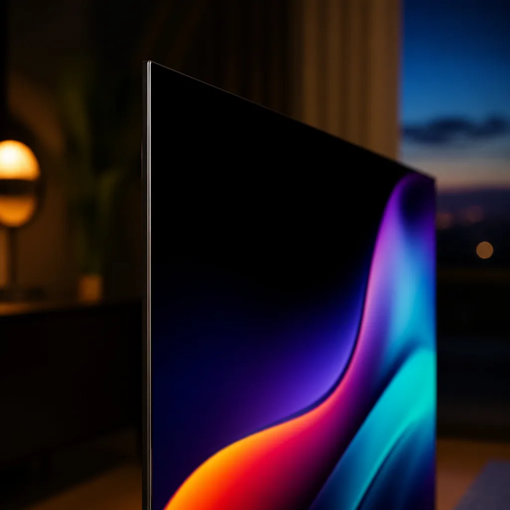 Close-up of a thin OLED television panel showing a deep black background with a small area of coloured light