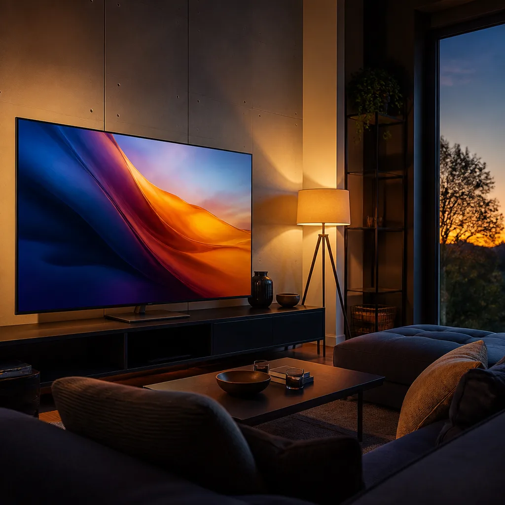 Bright sunlit living room with a large television reflecting daylight from a window