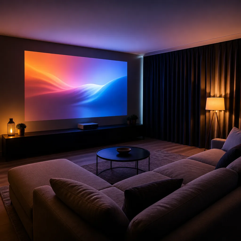 Sala de cine en casa con una gran imagen proyectada en una pared y cortinas opacas cerradas, sofá en primer plano