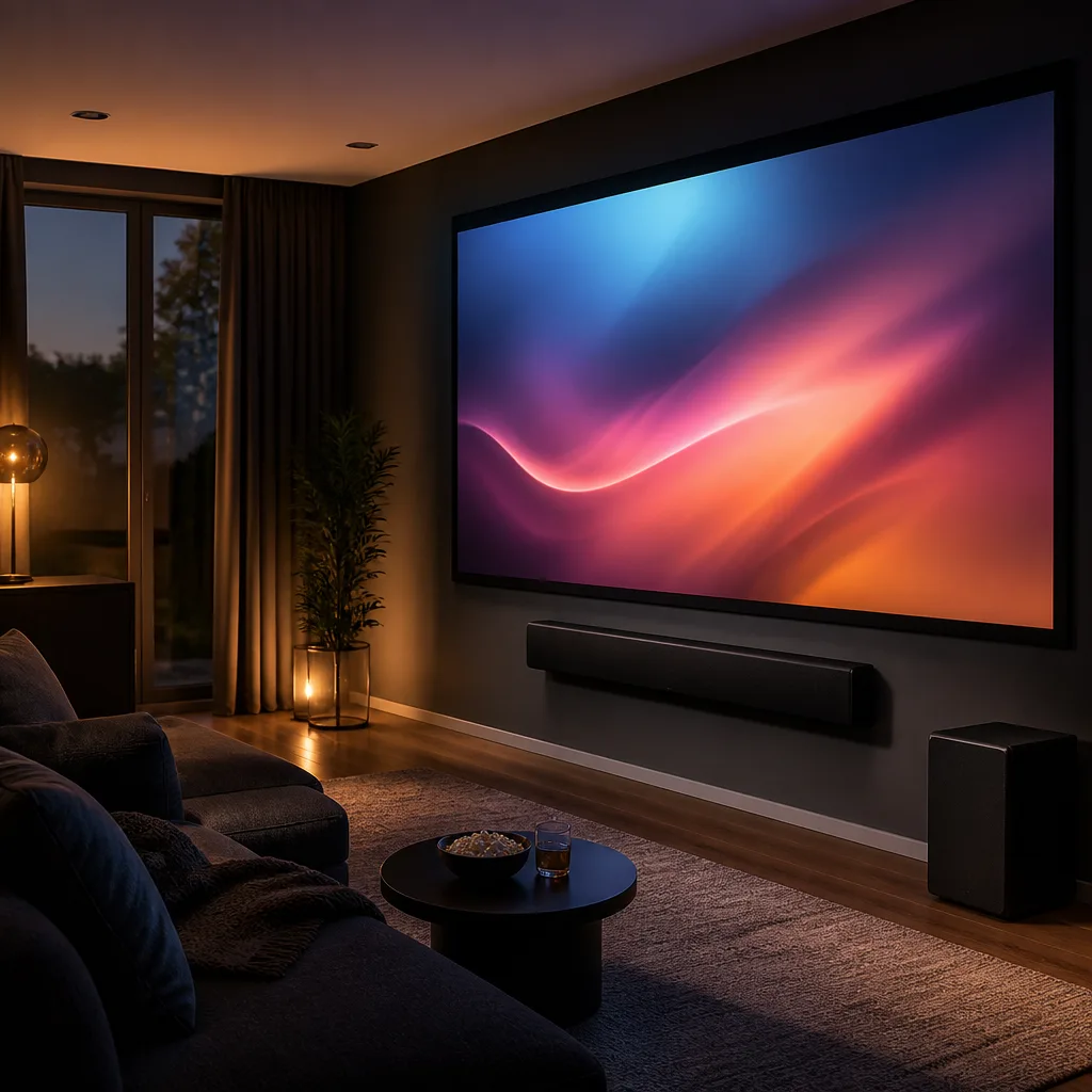 Barra de sonido colocada debajo de una gran pantalla de proyector montada en una pared, en una sala a oscuras