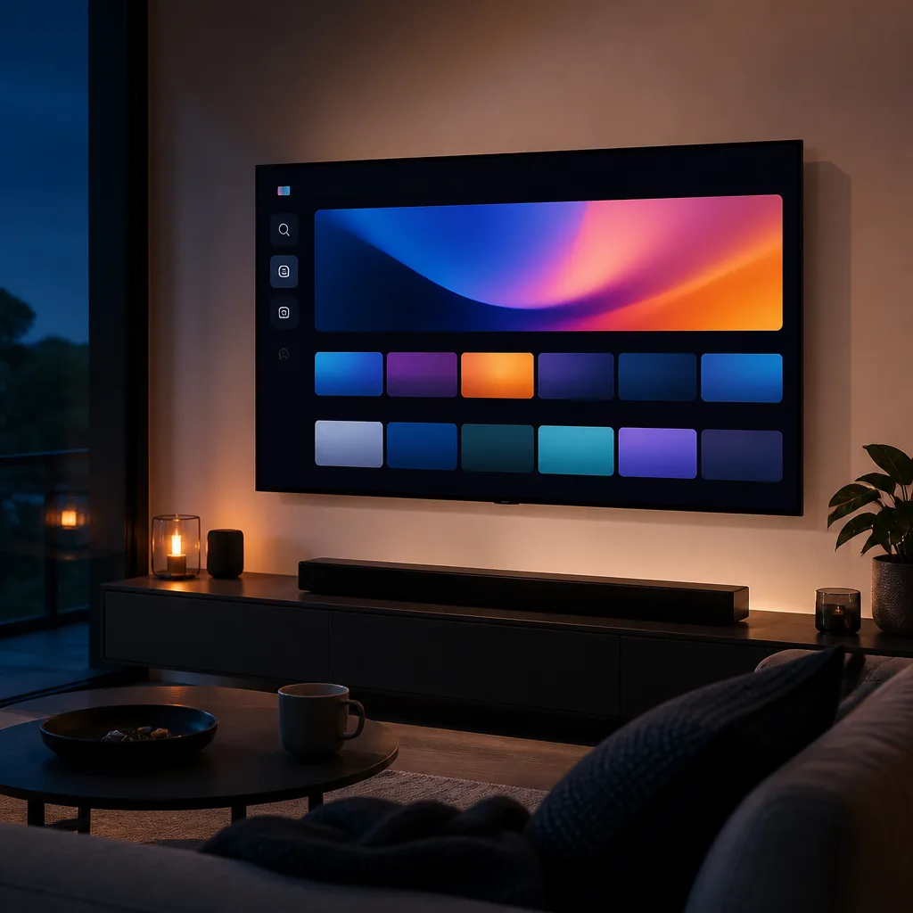 Televisiestartscherm weergegeven op een aan de wand gemonteerd scherm in een woonkamer, met een abstract appraster