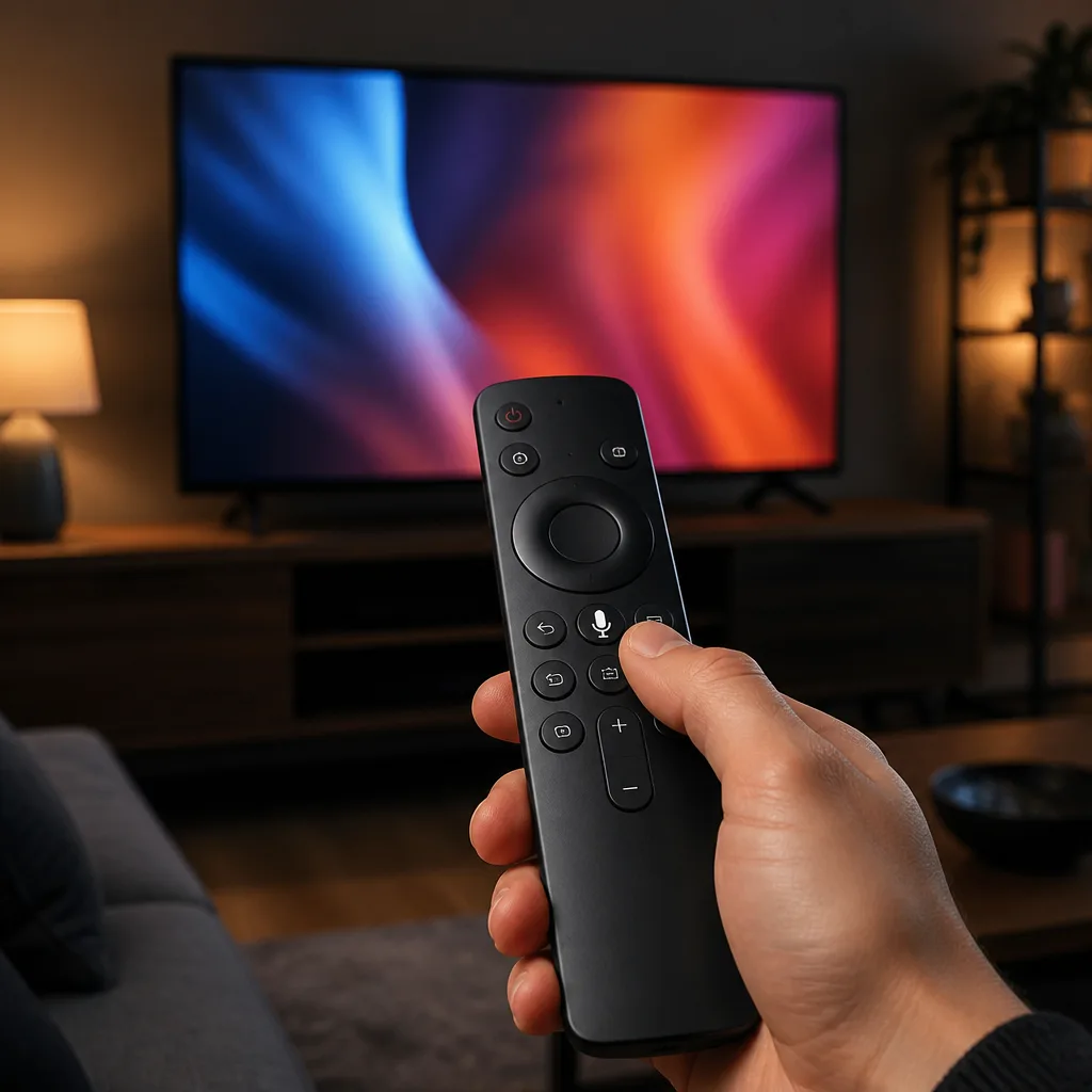 Hand van een persoon met een afstandsbediening met microfoonknop, televisie zichtbaar op de achtergrond