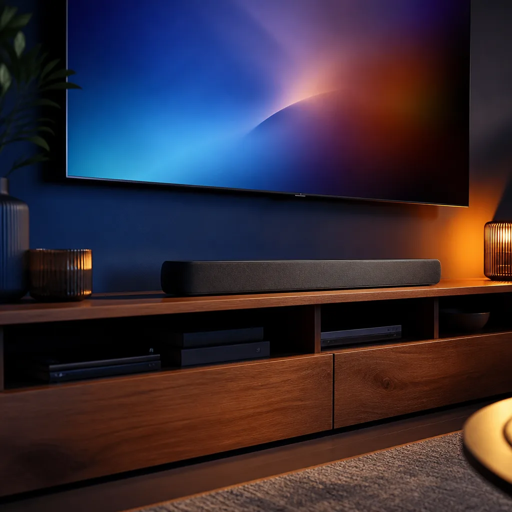 Soundbar positioned on a shelf directly under a wall-mounted TV