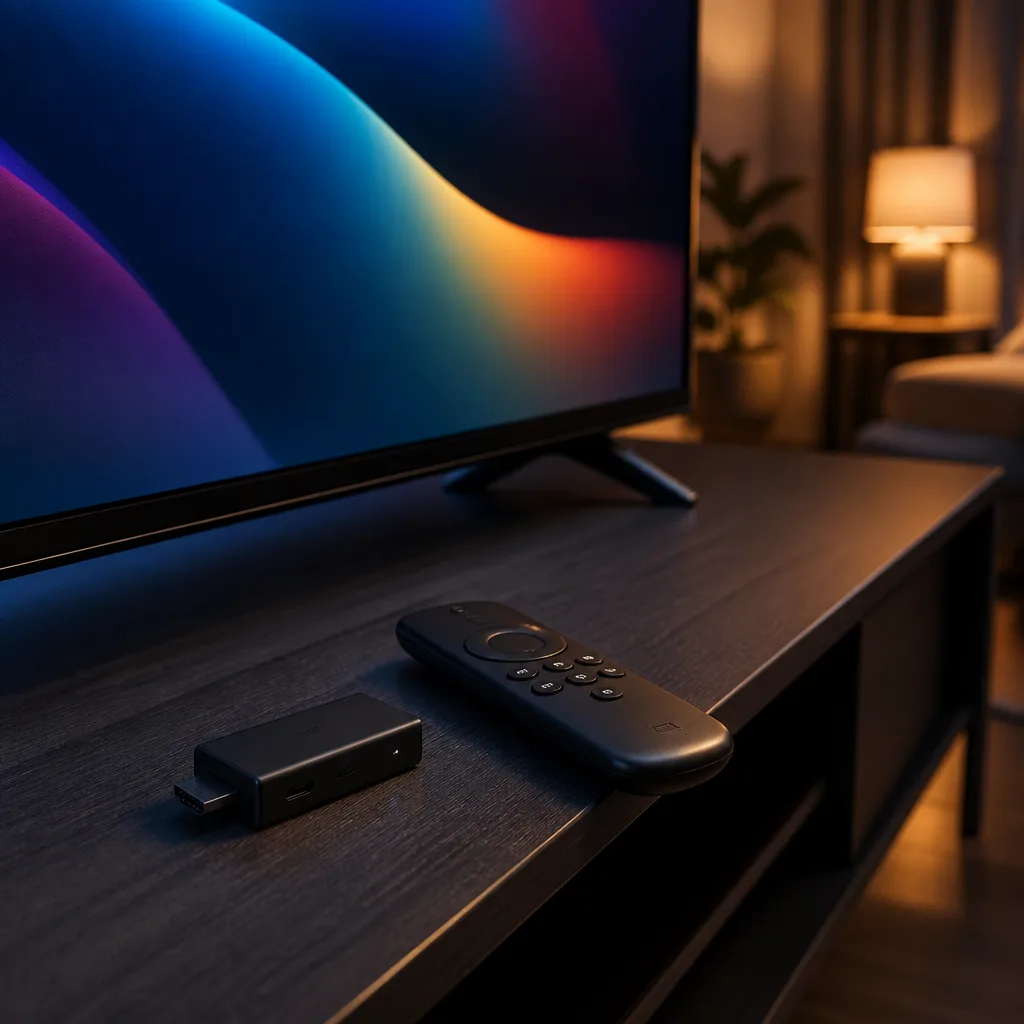 Streaming media player and remote control placed next to a television