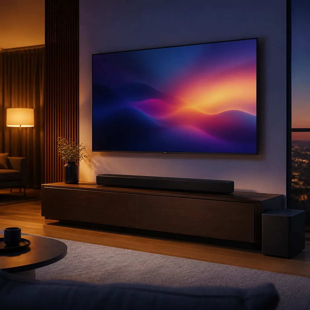 Slim soundbar positioned on a shelf beneath a wall mounted TV