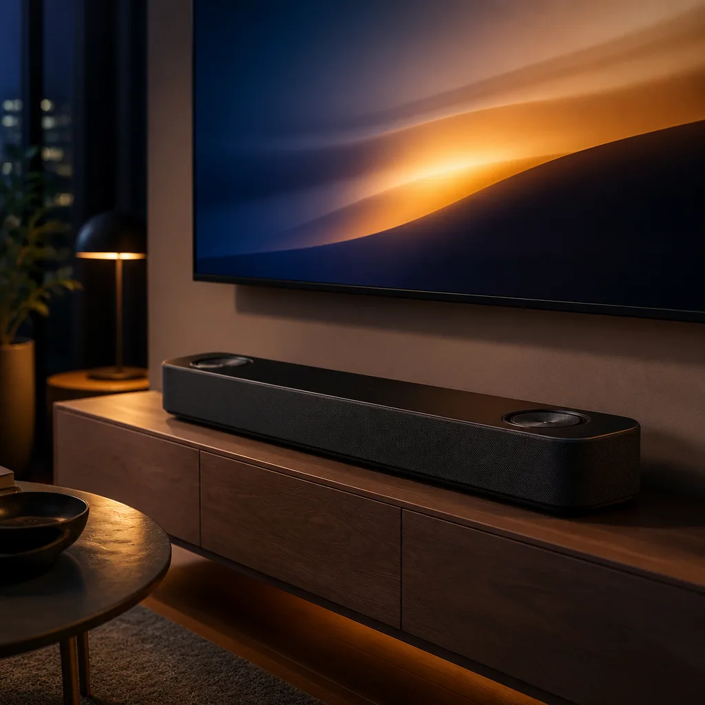 Soundbar with visible upward firing speakers on top, positioned under a TV