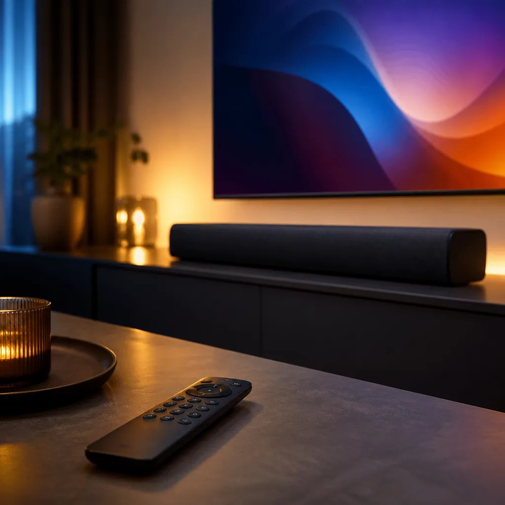 Remote control on a coffee table with a soundbar and TV visible in the background