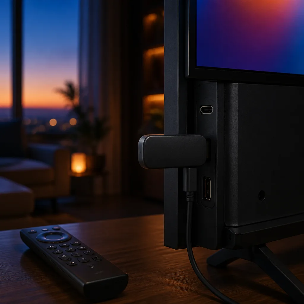 Petite clé de streaming branchée dans un port HDMI de téléviseur avec une télécommande à proximité