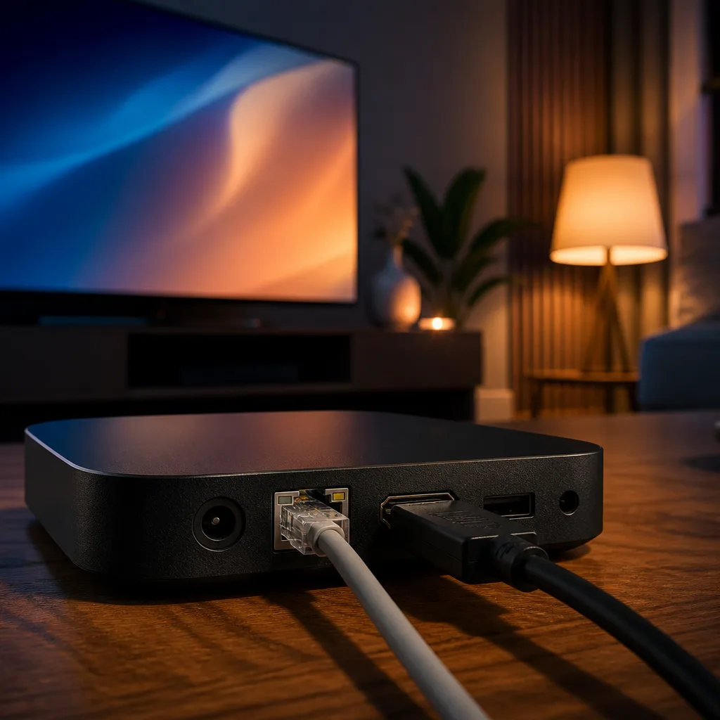 Arrière d'un boîtier lecteur multimédia montrant un port Ethernet et un câble HDMI connecté