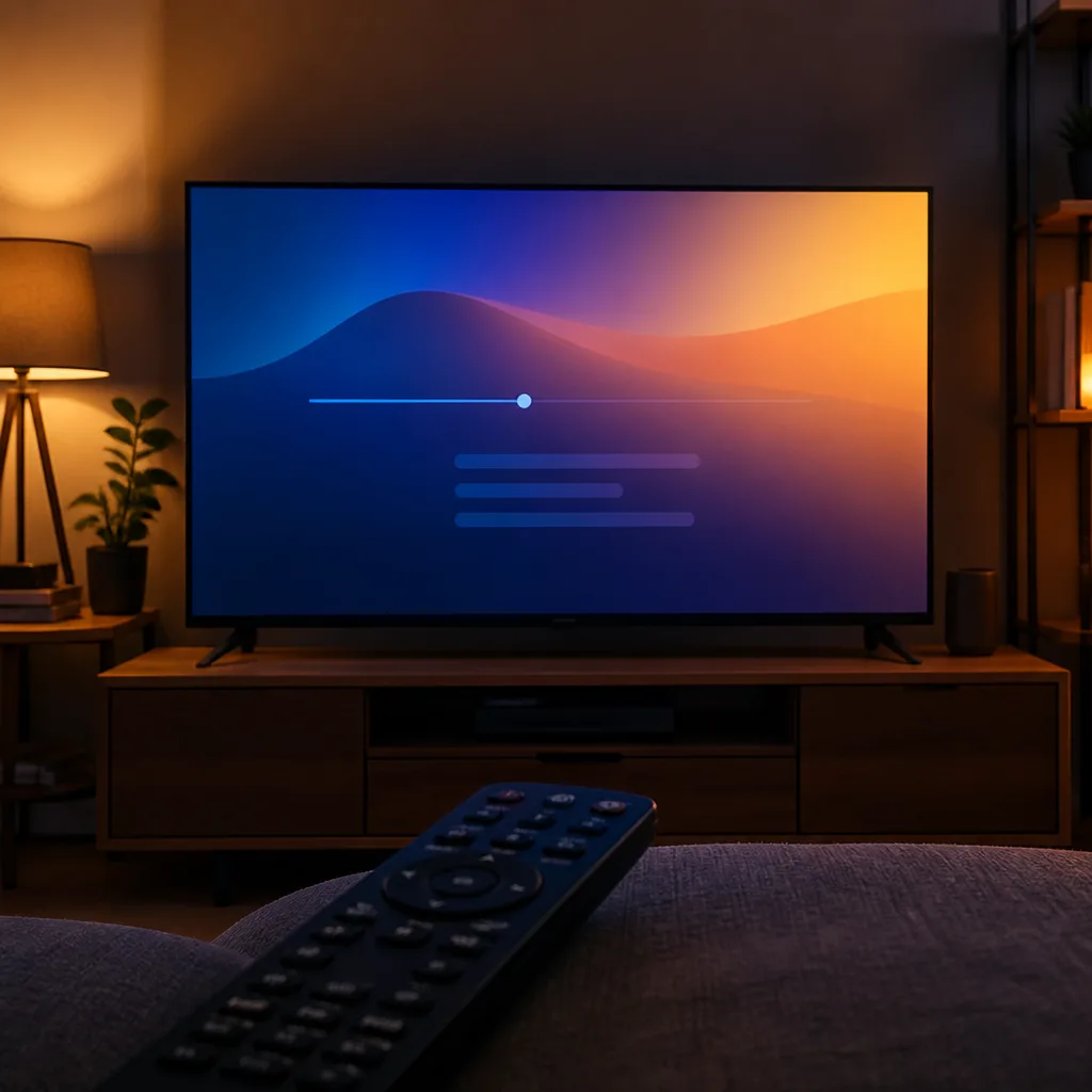 Écran de configuration d'un appareil de streaming affiché sur un téléviseur avec une télécommande au premier plan