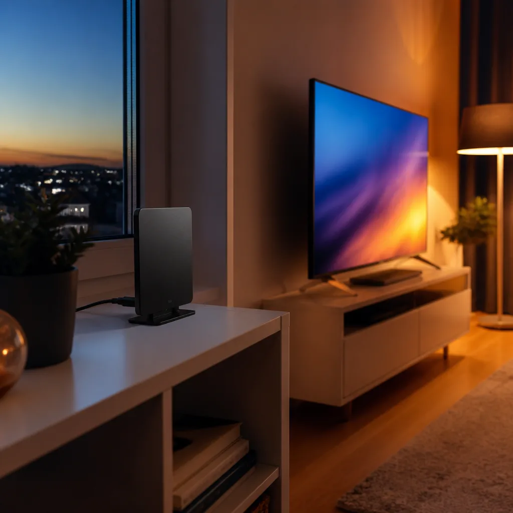 Small indoor digital TV antenna standing on a shelf near a window, with a television visible in the background