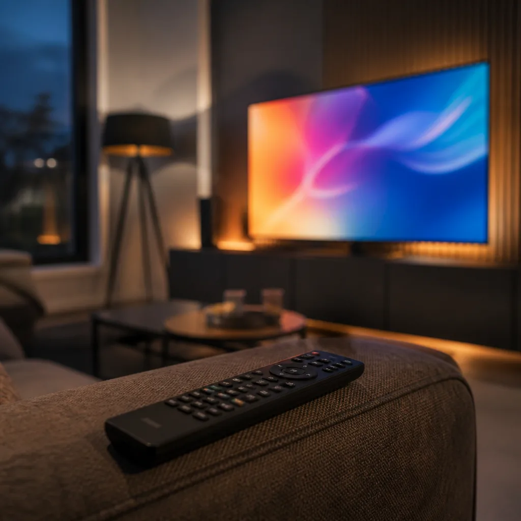 Television remote control resting on a sofa arm with a blurred TV screen showing an abstract colourful image in the background