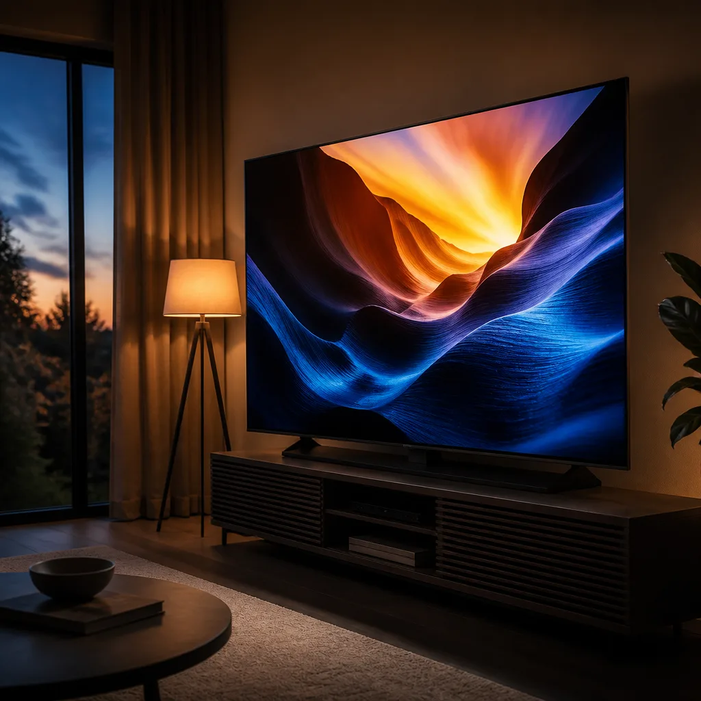 Close-up of a television screen showing a bright abstract landscape image with strong contrast between light and dark areas