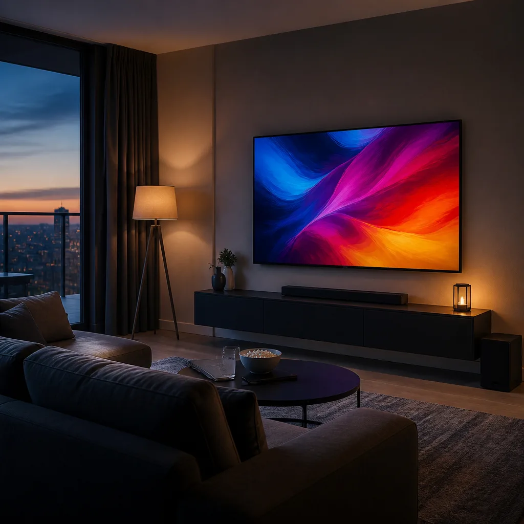 Woonkamer met een aan de wand gemonteerde televisie die een abstract kleurrijk beeld toont, gezien vanaf een bank