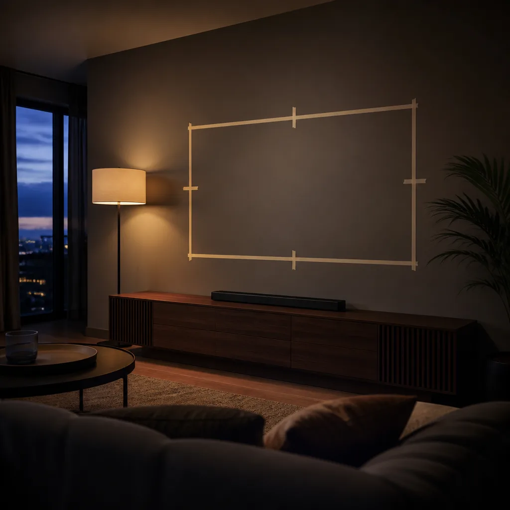 Empty wall marked with painter's tape outlining a rectangle for a future TV