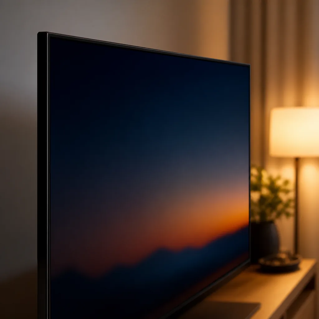 Close-up of a television screen edge showing a thin bezel, screen switched off