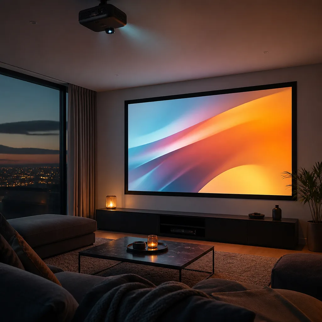 Home cinema room with a ceiling mounted projector casting an abstract colourful image onto a wall screen