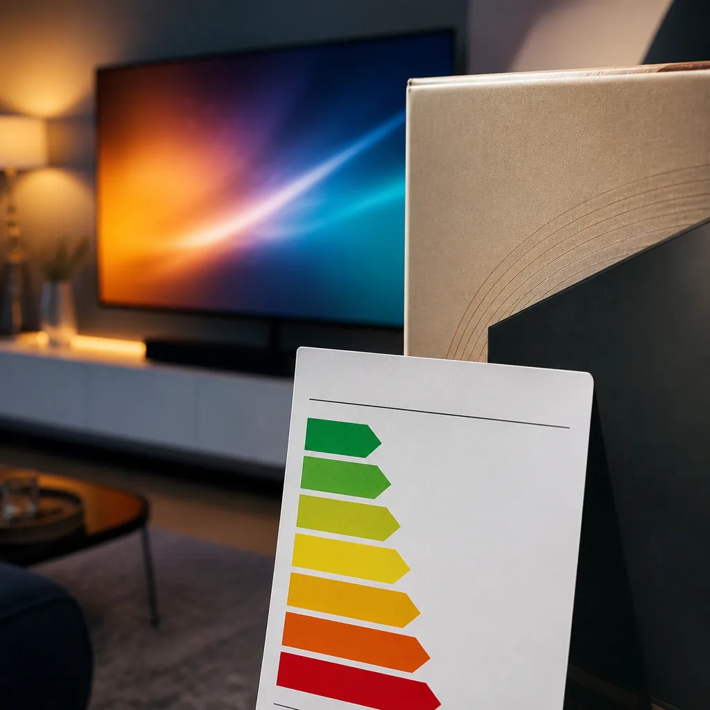 Nahaufnahme eines EU-Energielabels mit farbiger Effizienzskala, neben einer Fernseherverpackung gehalten