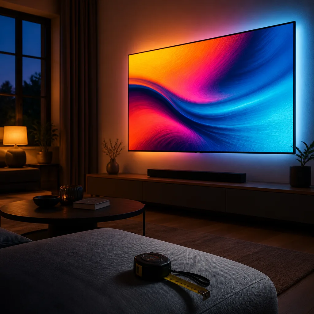 Wohnzimmer am Abend mit eingeschaltetem wandmontiertem Fernseher, der ein abstraktes farbenfrohes Bild zeigt, Maßband auf einem nahen Sofa